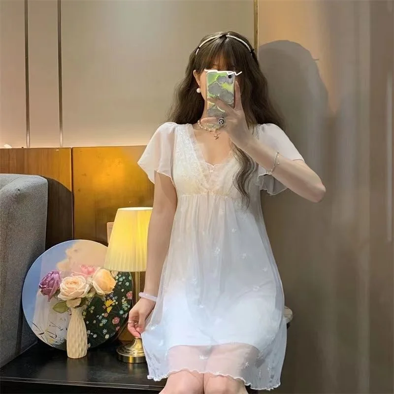 Sexy Womens Summer Nightdress Lace V-Neck Sleepshirt Cute White Nightgowns Nightwear Spring Sleepdress with chest pads Pajamas