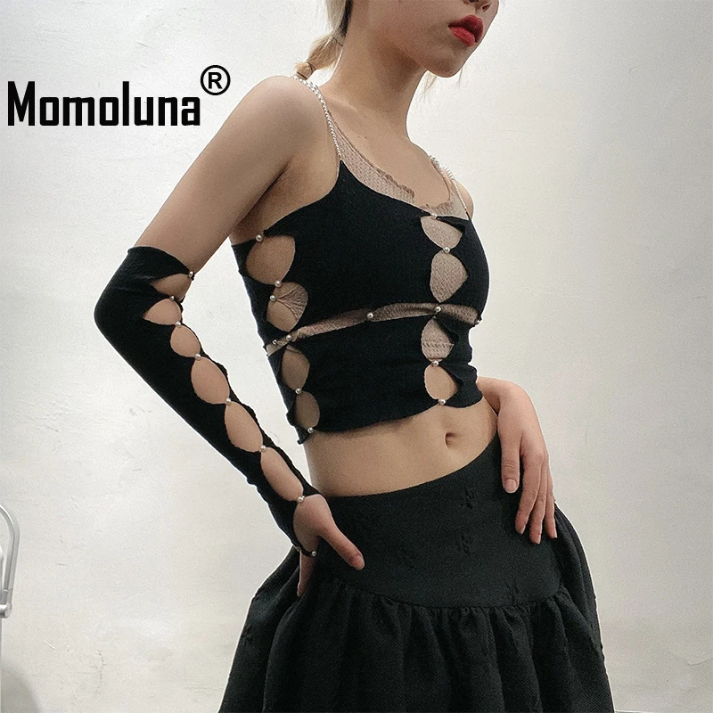 

Momoluna Women Korean Rui Hollow Out Pearl Cut Out Arm Sleeve Knitted Cuff Armbands On Hand (Single) Black Red White