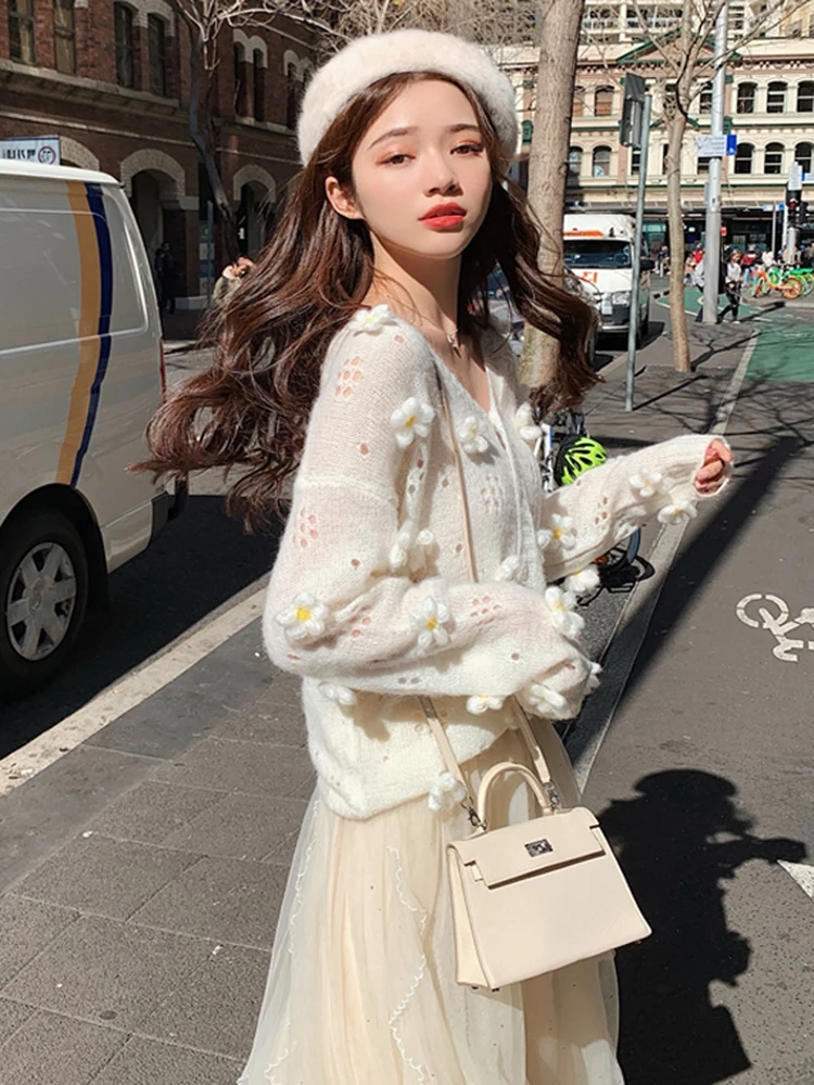 

French Fall Sexy Hollow Out Appliques Flower Knitted Two Piece Set Women V Neck Matching Sweater Jumper+A Line Mesh Skirt Suit