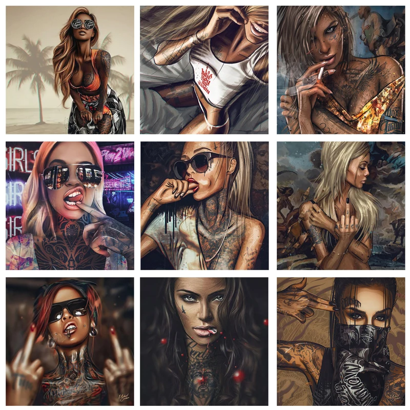 Тату-девушка с цветами на голове в Волшебном лесу винтажная Картина холсте