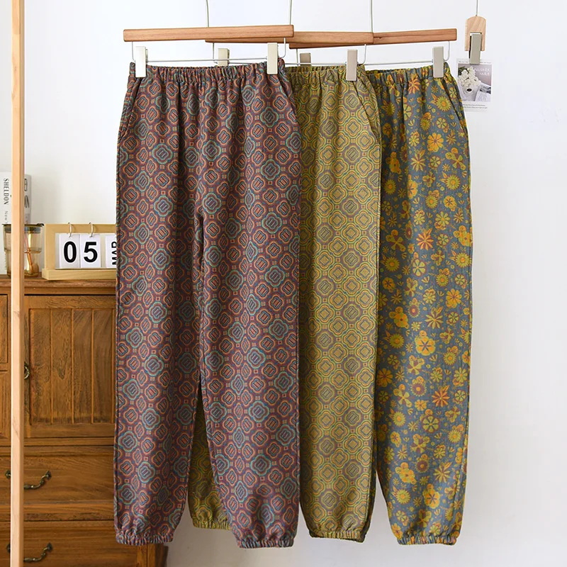 

Женские хлопковые Пижамные штаны в стиле ретро, окрашенные из пряжи жаккардовые дизайнерские тонкие и свободные штаны для отдыха с эластичным поясом для сна