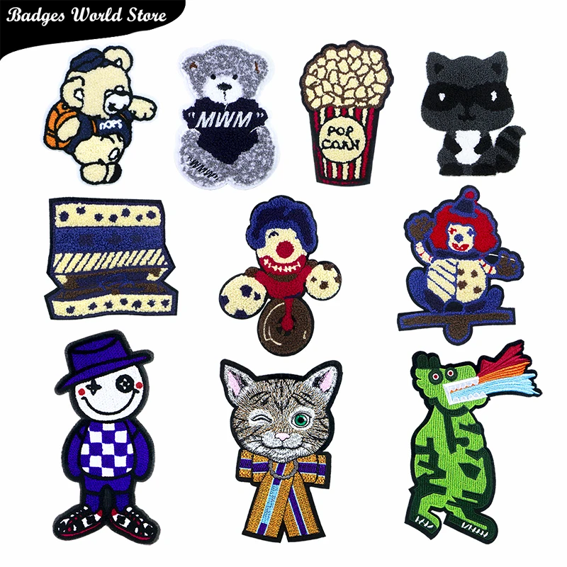 

Popcorn Dinosaur Bear Cat Clown Chenille Icon Towel Embroidery Applique Patches For Clothing DIY Iron on Badges on the Backpack