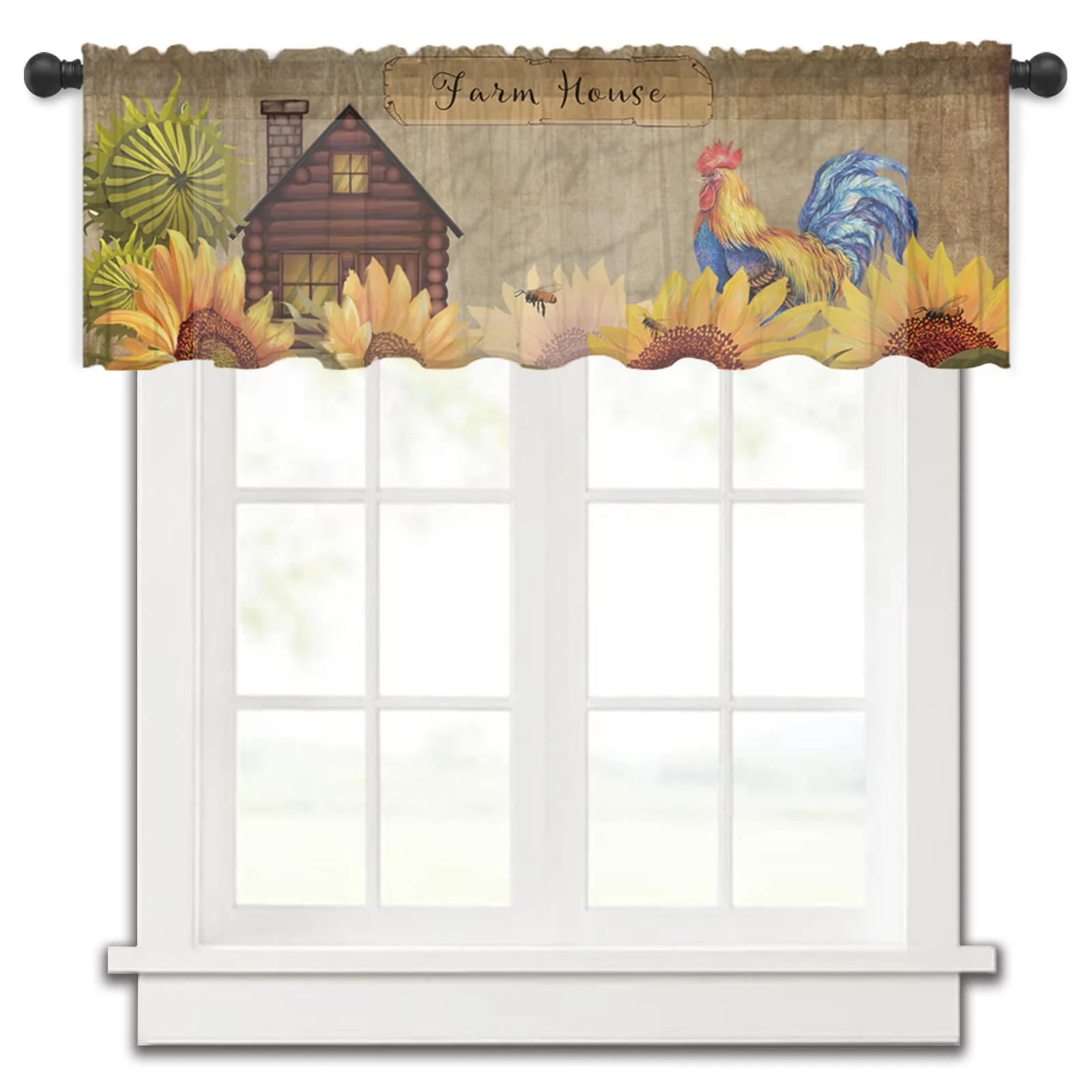 

Farm Sunflower Rooster Barn Kitchen Small Window Curtain Tulle Sheer Short Curtain Bedroom Living Room Home Decor Voile Drapes