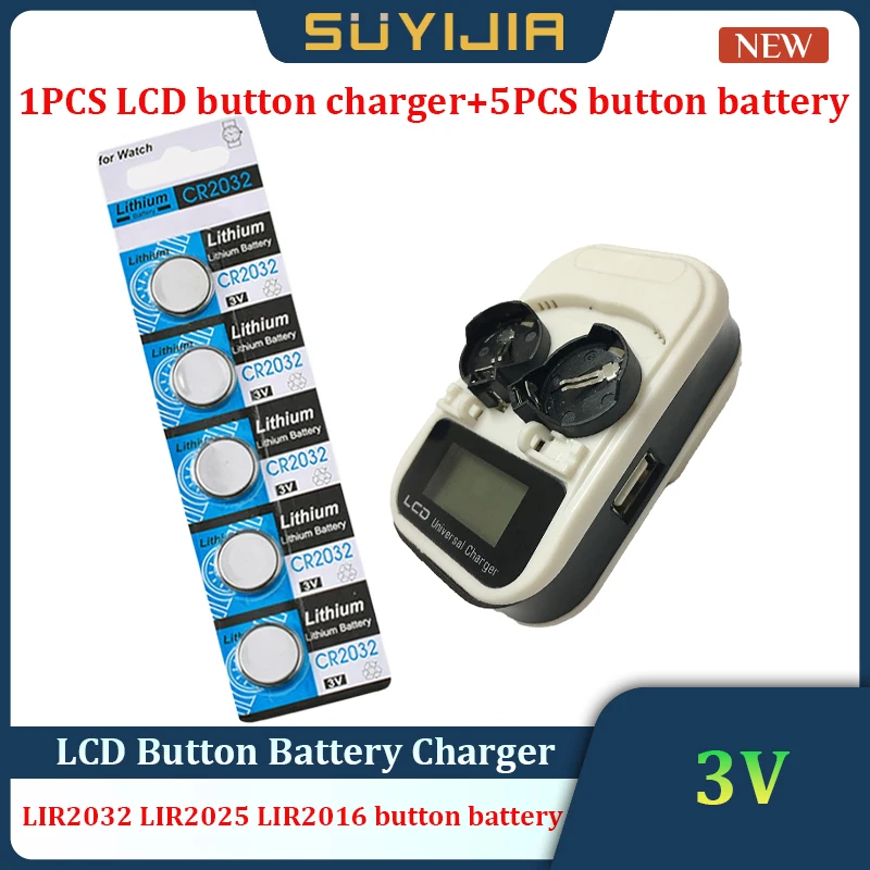 

New LCD Button Battery Charger + 5PCS Button Battery CR2032 LIR2032 LIR2025 3V Button Battery LED Charging Display USB Interface