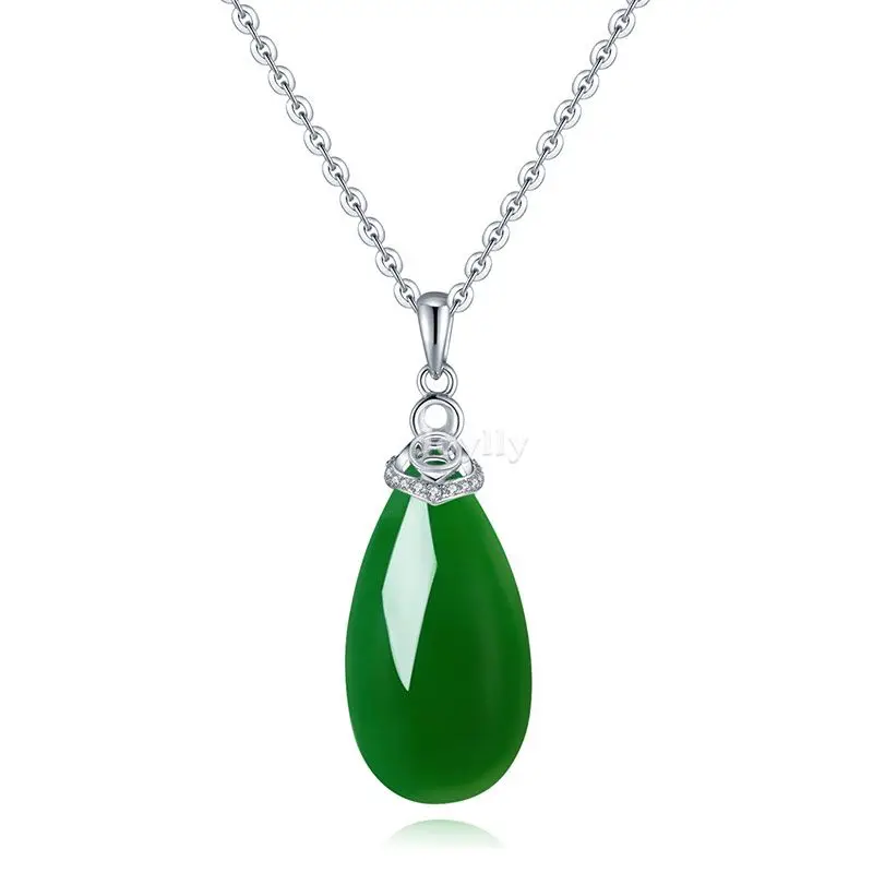 Natural Green Chalcedony Water Drop Jade Pendant 925 Silver Necklace Stylish Charm Amulet Jewelry Girls Favour Jewellery Gift