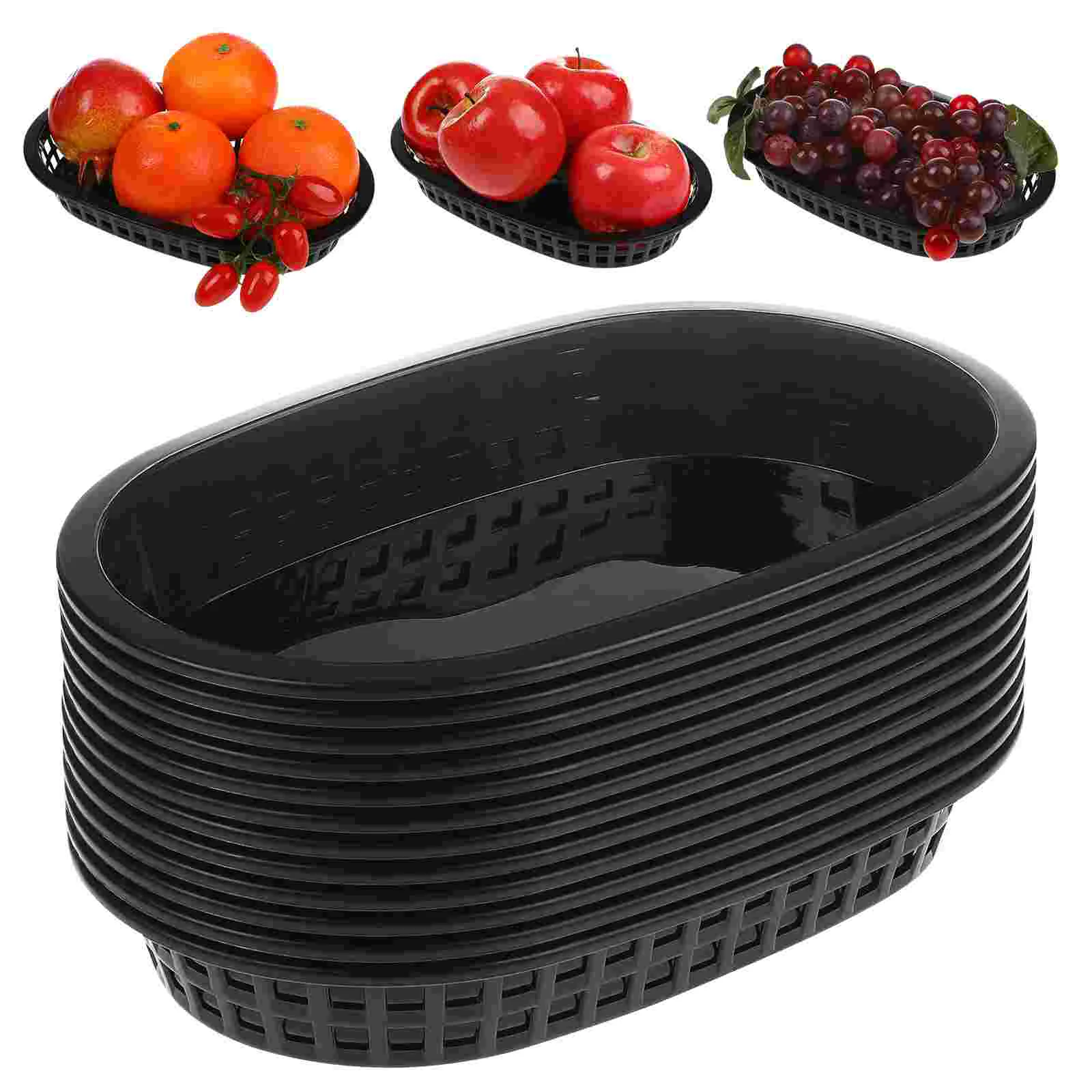 

Basket Baskets Serving Plastic Bread Fast Oval Tray Trays Fruit Black Kitchen Restaurant Hot Dog Mexican Fry Chip Cupcake