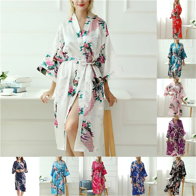 

Lady Sexy Costumes Japanese Kimono Yukata Dress With Belt Satin Silk Cardigan Pajamas Sleepwear Woman Smooth Bathing Robe Gown
