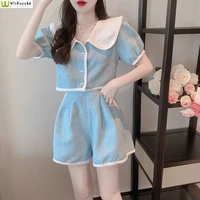 2022 new summer korean blue fashion doll collar top age reduction leisure wide leg shorts elegant womens suit