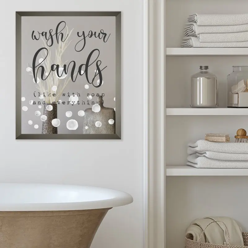 

"Stylish Grey Framed 16" x 20" Mirror Featuring Bathroom Decor Art of Soap Bubbles Washing Hands - Perfect for Industrial Home S
