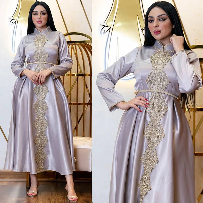 Satin Embroidery Abaya Dubai Turkey Muslim Dress Women 2022 Solid Color Tunic Eid Morrocan Kaftan With Gown Arabic Evening Dress