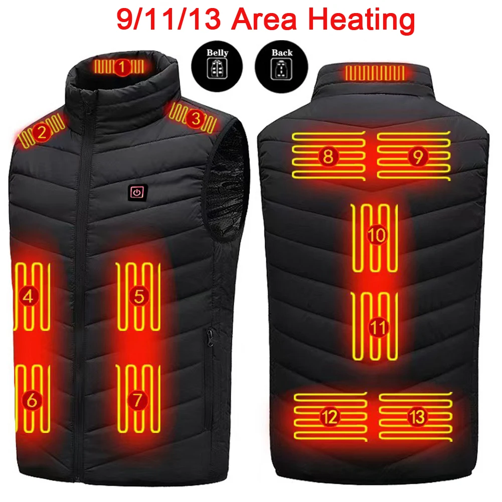 13/11/9 Thermal Vest USB Winter Heated Jacket Washable Smart Electric Heated Vest Waterproof Warm Jacket Outdoor Hunting Camping