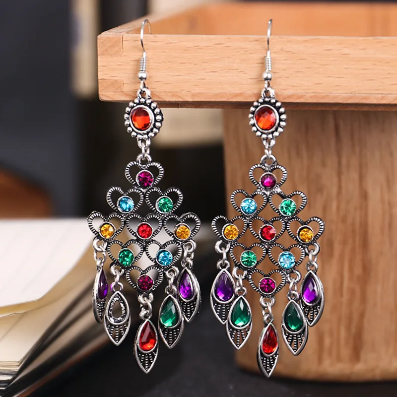 

Vintage Colorful Rhinestone Earrings 2022 Trendy Antique Silver Color Hollow Elegant Long Tassel Woman Earrings