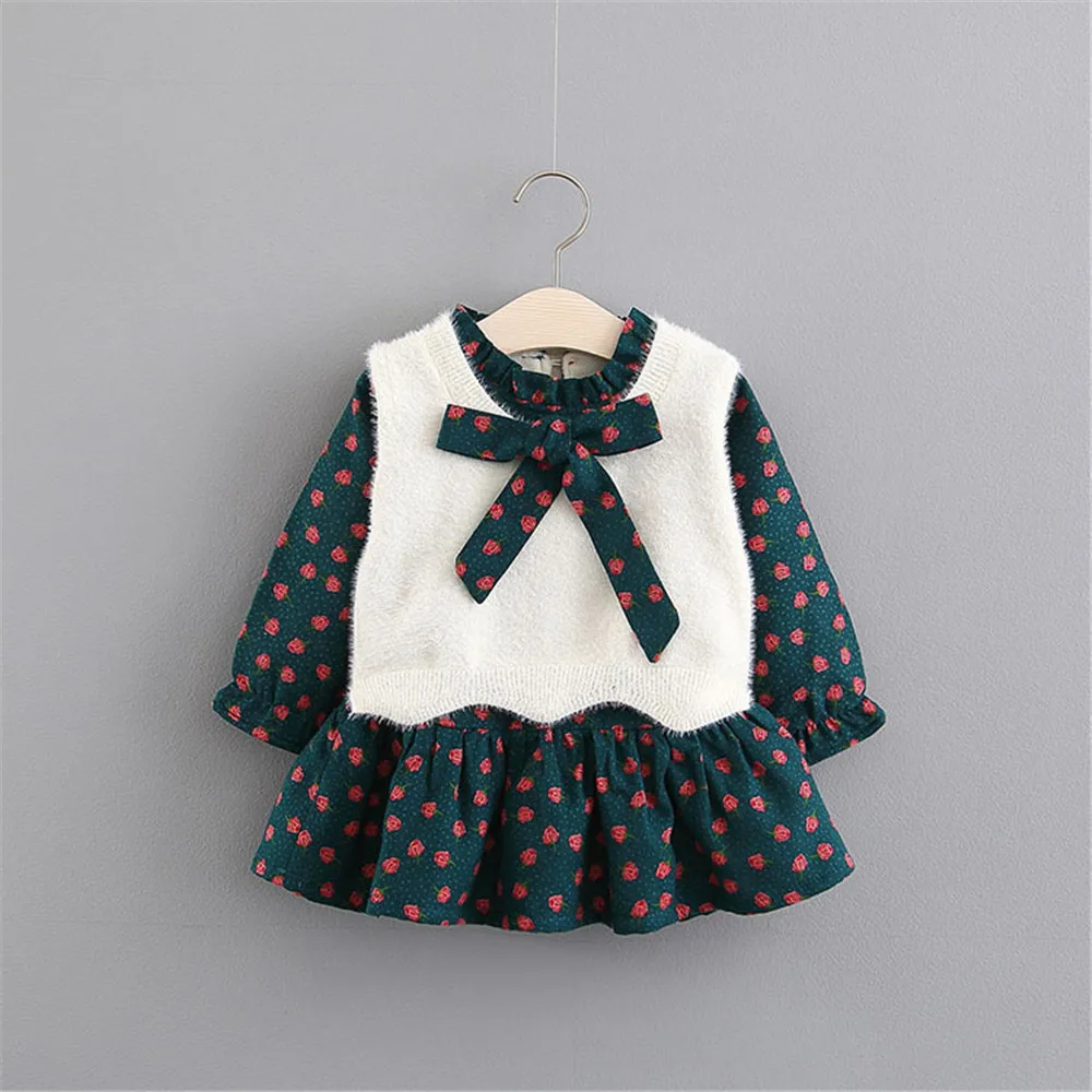 

2022 Long Sleeve Baby Girls Dress Winter Autumn Two Pcs Clothes Floral Print Newborn Girl Princess Clothing
