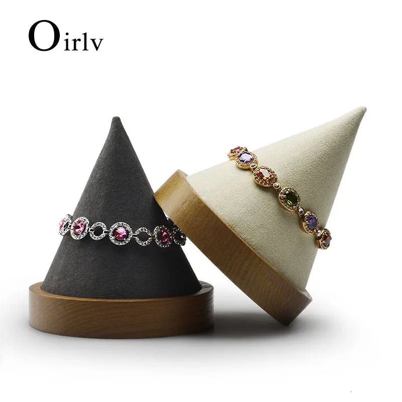 Oirlv Solid Wood Jewelry Holder Beige Gray Conical Wooden Bracelet Display Stand For Chain Bracelet Holder Jewelry Display Rack
