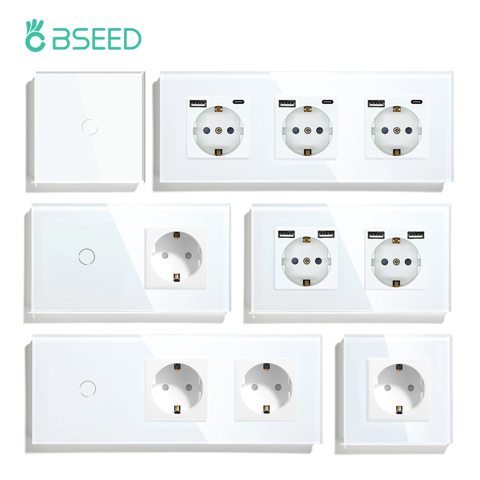 BSEED toma de corriente única enchufes de pared UE enchufes dobles USB tipo C carga de teléfono Panel de vidrio Interruptor táctil de pared protección para niños