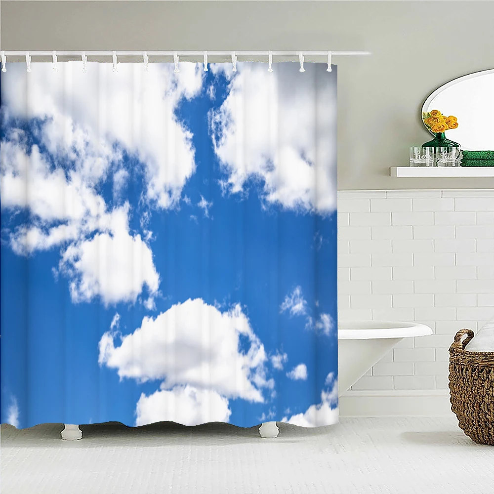 

Sunny Blue Sky Clouds Scenery Waterproof Fabric Shower Curtain Landscape Printed Shower Curtains for Bathroom Shower with Hooks