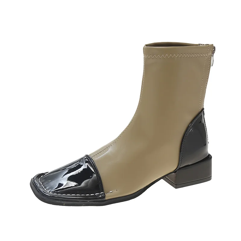 Women's Colorblock Riding Boots Square Toe Japanese Leather Shoes Chelsea Boots Zipper Chunky Heel Mid Tube Calf Short Boots