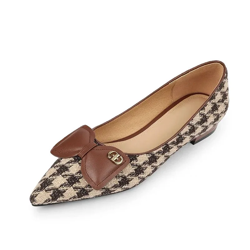 Ladies Bow Pointed Toe Office Flats Women Low Heels Dress Shoes Plaid Suide Boat Shoes zapatillas mujer