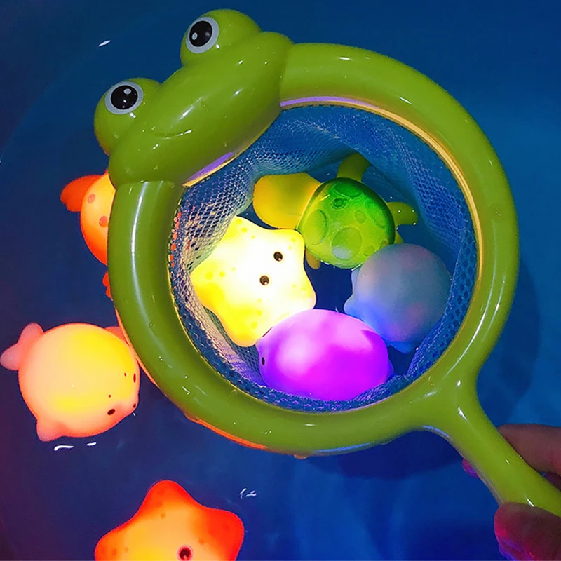 

Baby Luminous Animals Bath Toy Swimming Pool Glow In The Dark Play Water Toy Soft Rubber Float Tub Shower Net Fish for Kids Gift