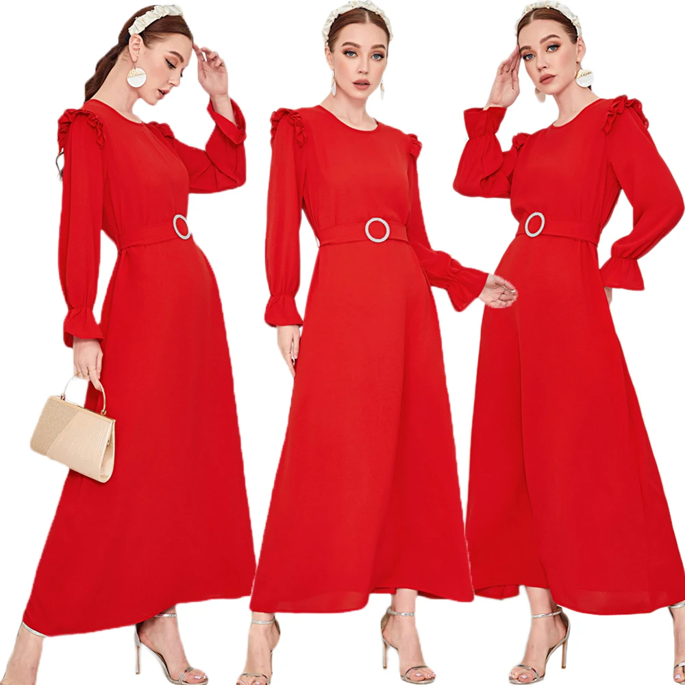 

Elegant Party Dresses For Women 2023 Spring Summer Casual Solid Color O-Neck Belted Long Sleeve Arab Belted Dress Ramadan Eid
