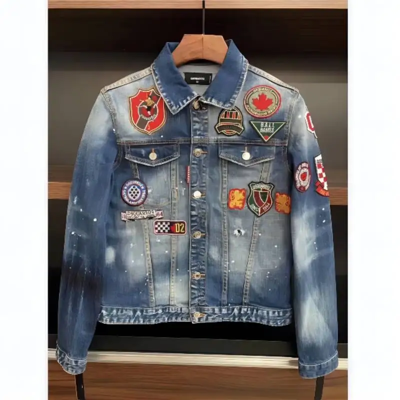 

DSQUARED2 аппликация панк мотоцикл Повседневная джинсовая куртка одежда X33 #