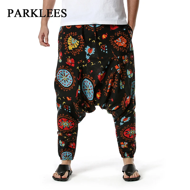 

Parklees Mens African Genie Harem Pants Casual Baggy Elastic Waist Drop Crotch Pants Stylish Hippie Boho Gypsy Yoga Sweatpants