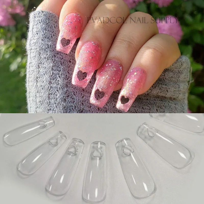

240pcs Heart Shape Hollow False Nail Tips Full Coverage Medium Coffin Transparent Fake Tips Press On Salon Extension Manicure