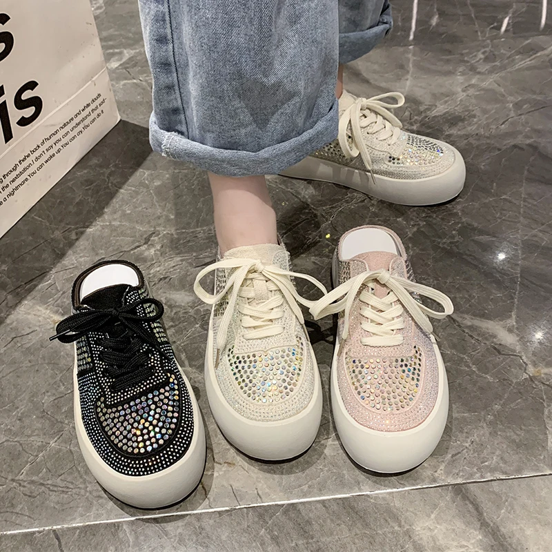 

Flat Shoes Female Ladies' Slippers Cover Toe Med Sneaker Women Home Platform Rome Fabric Slides Rubber PU Shoes Woman 2023 House