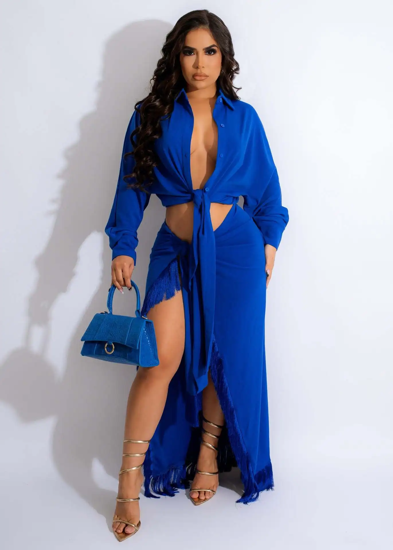 

Sexy Two-Piece Outfits Women Party Clubwear Long Sleeve Tie Front Tops Twist Side Split Tassel Long Skirts Matching Set