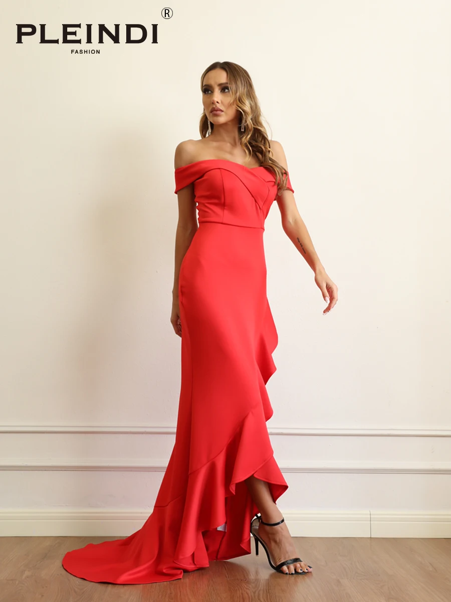 PLEINDI Elegant Evening Dresses 2022 New Sleeveless Mermaid Off Shoulder Soft Prom Dress Orange Gown Woman Ready-to-wear