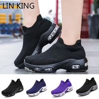 breathable knit women socks shoes female sneakers casual elastic wedge platform shoes slip on chunky sneakers big size 35 43