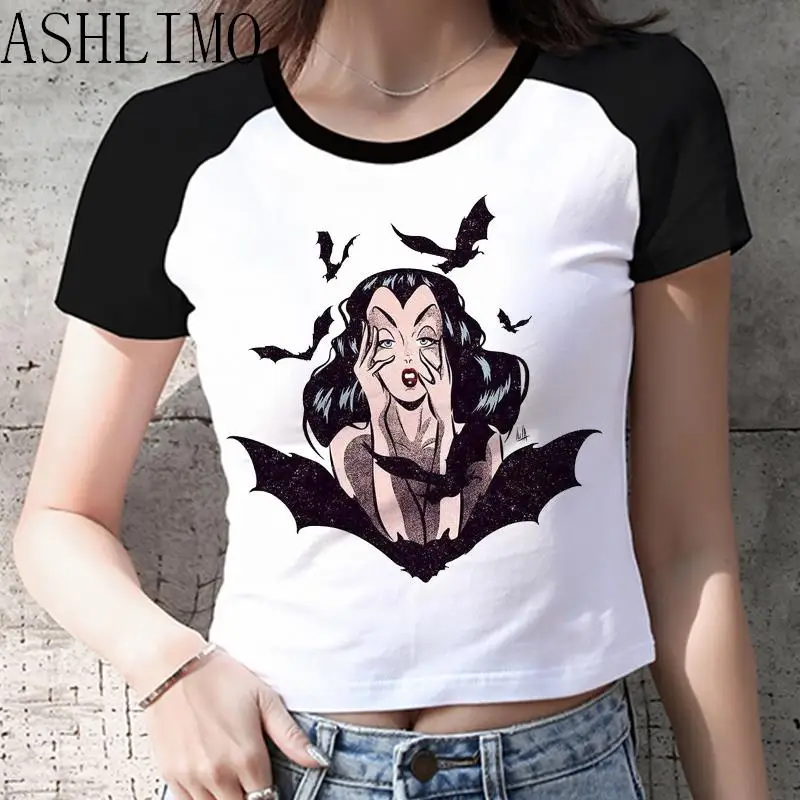 

Crop Top Summer T-shirt Women Short Sleeve Casual Aesthetic Y2K Top Short Vest Anime Devil Girl Sexy Black Short Sleeves Clothes
