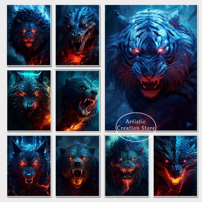 Темная фантазия волшебный Тигр Лев волк медведь Дракон Картина на холсте для гостиной клуба животные картины постеры для домашнего декора