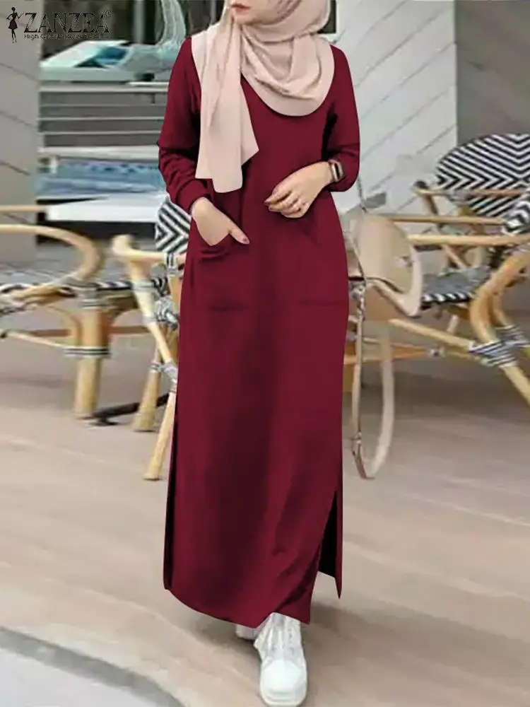 

Mulism Women Long Sleeve Solid Sundress Kaftan ZANZEA Vintage Dubai Turkey Abaya Hijab Dress Casual Ramadan Islamic Clothing
