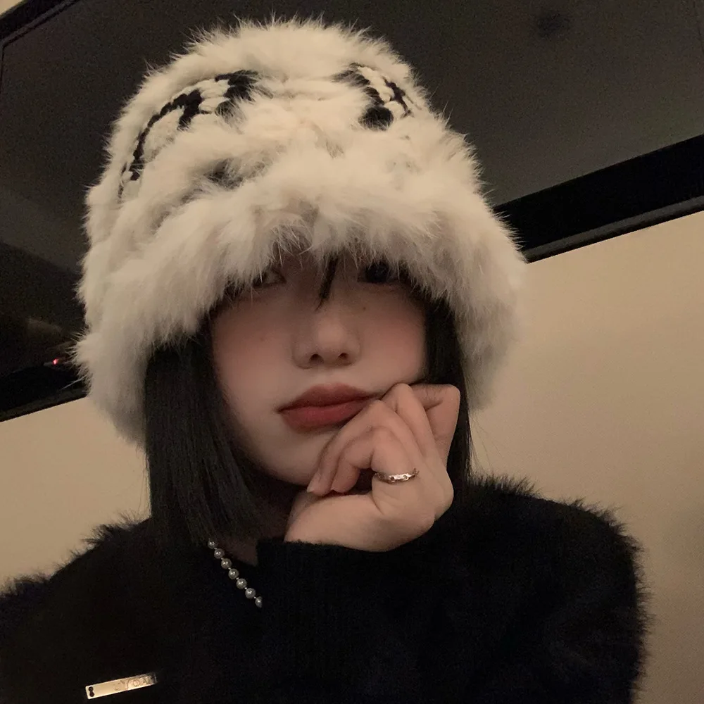 China-Chic Bucket Hats for Women Winter Warm  Cute Plush Cap Big Head Waist Casual Rabbit Fur 2023 Knitted Fisherman's Caps