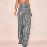 silver shiny wide leg pants womens clothing new loose high waisted runway catwalk trousers dark grey flared pants urban leisure