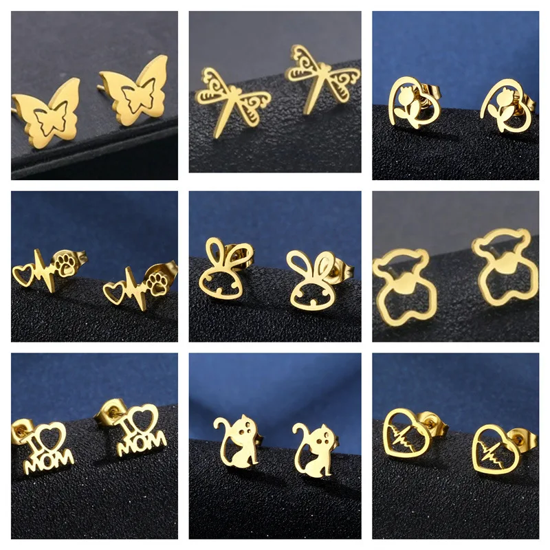 

Новые серьги-гвоздики из нержавеющей стали в виде бабочки, стрекозы, розы, кролика, кролика, Ins серьги-гвоздики, оптовая продажа