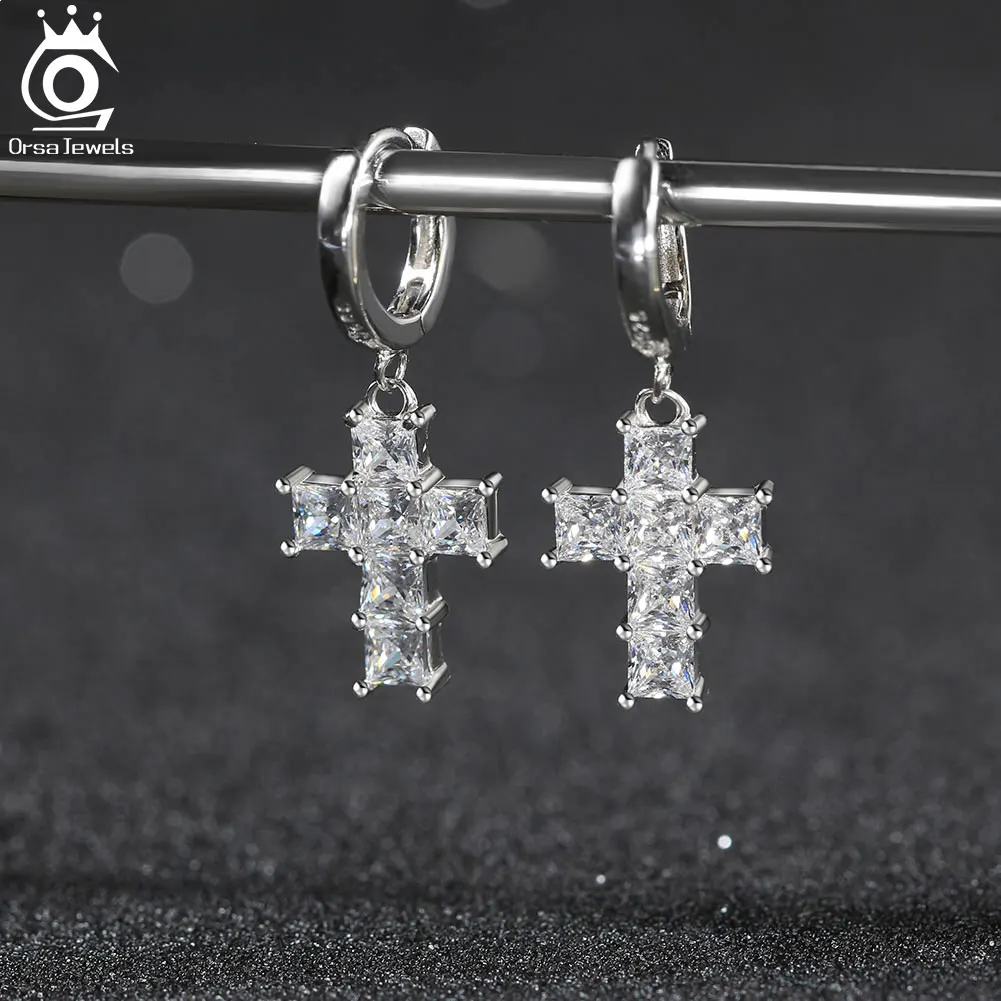 ORSA JEWELS Цирконий CZ Крест Кулон Ожерелье Серьги Стерлингового Серебра 925 пробы с