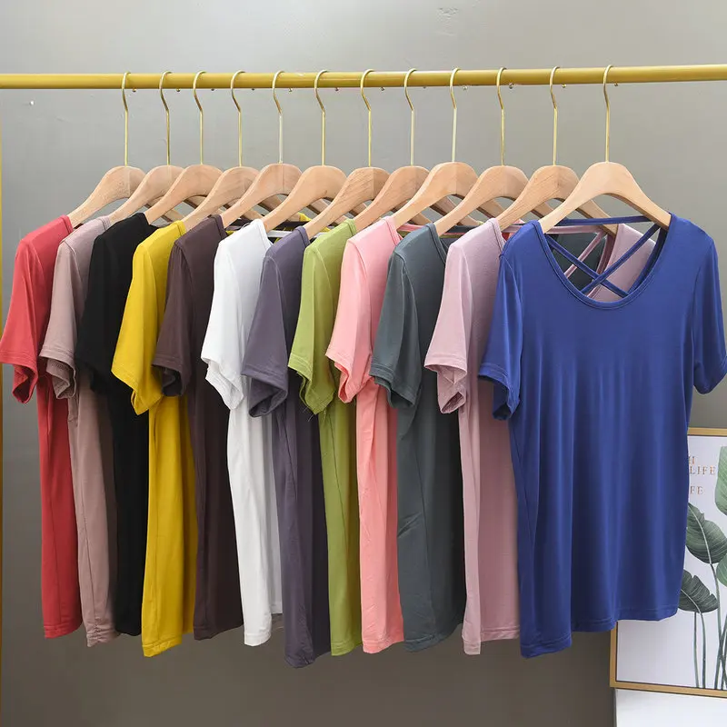 

Дизайнерская Однотонная футболка из модала с вырезами на спине и коротким рукавом, верхняя одежда большого размера, Летний Тонкий женский топ, женская футболка