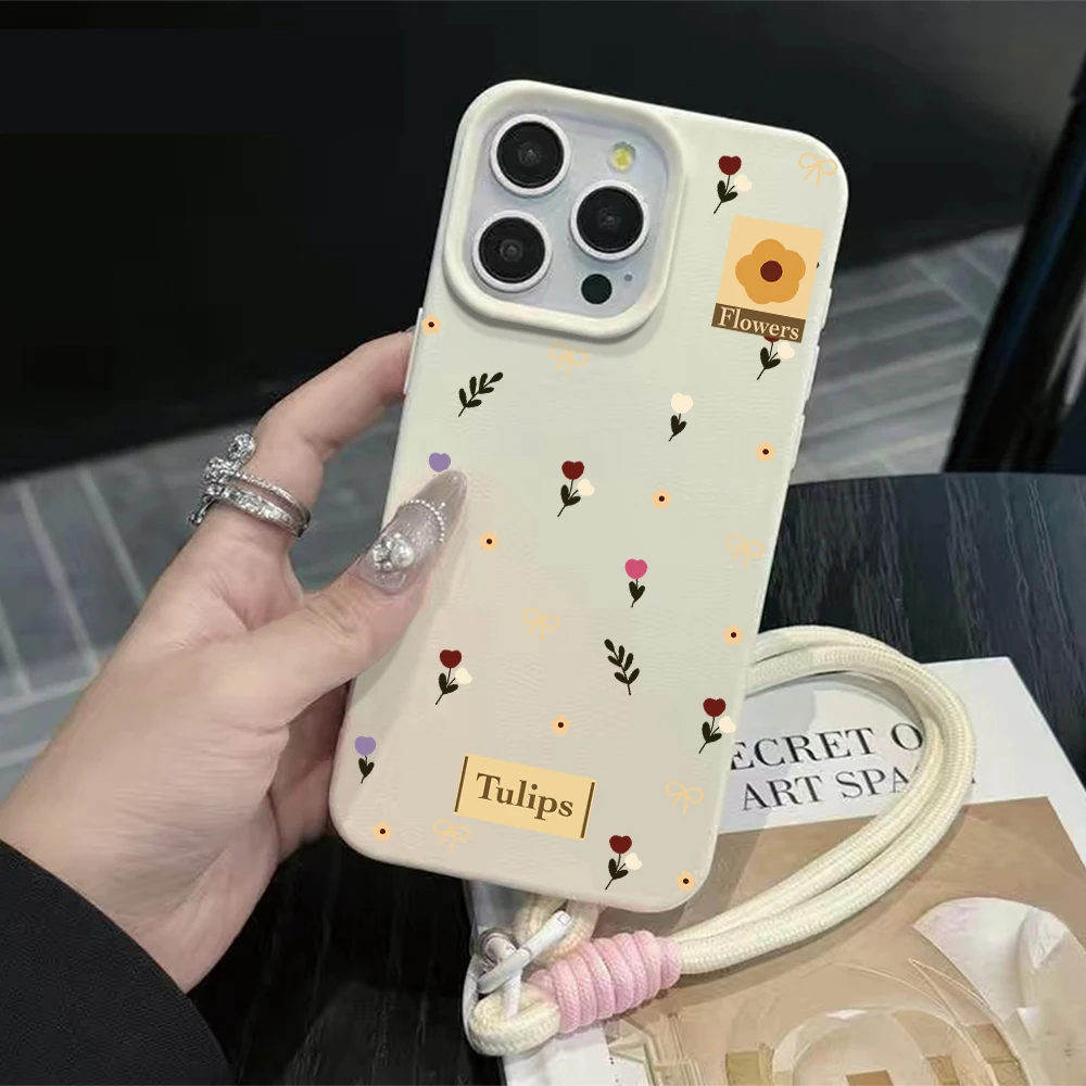 Фото Чехол для телефона с ремешком-бантом и тюльпановым узором для iPhone 17, 16, 15, 14, 13, 12, 11 Pro Max, 16, 15, 14 Plus, 17, 16, 15, 14 Pro, 17 Air, силиконовый матовый чехол №1