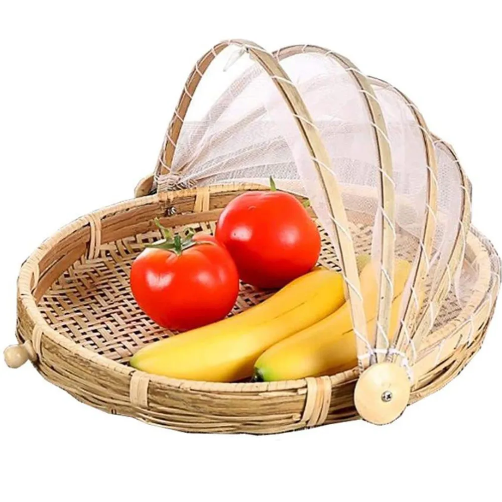 

Dustproof Hand-Woven Basket Round Picnic Basket Vegetable Fruits Bread Food Home Food Storage Basket with Mesh Gauze Cover
