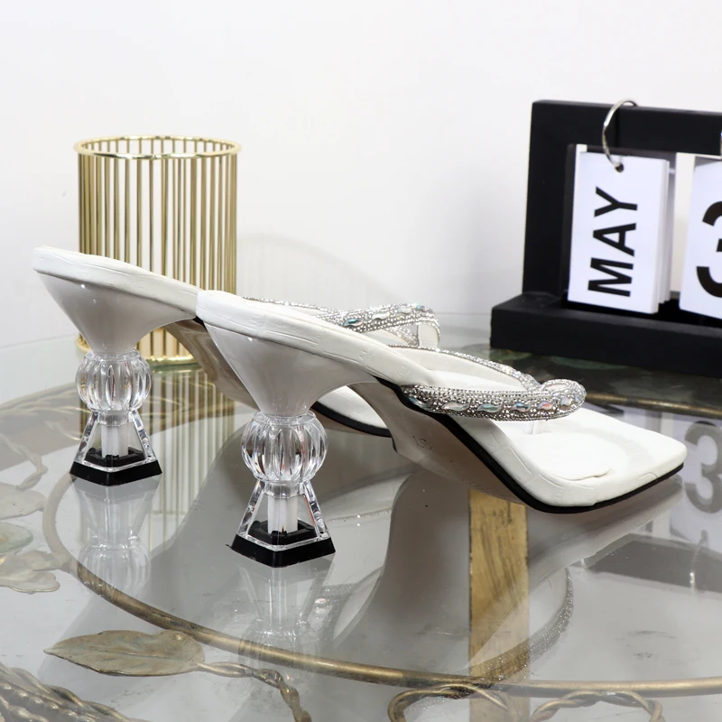 flip flops 2023 spring summer high heeled rhinestone Pinch toe women shoes wearing thin-heeled solid-color heeles shoes ladies