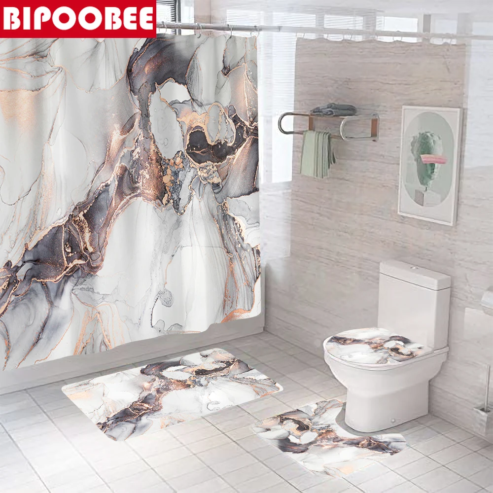 

180x180CM Marble Shower Curtains Luxury Crack Stone Grain Print Bathroom Curtain Toilet Lid Cover Bath Mat Rugs Home Decor