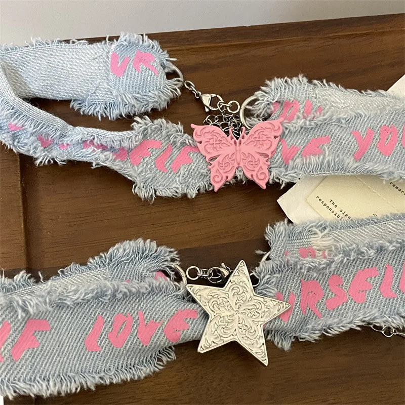 Harajuku Korean Version Bow Pentagram Letter Personality Denim Rope Neck Chain for Women Sweet Cool Kpop Spicy Girl Female Gifts
