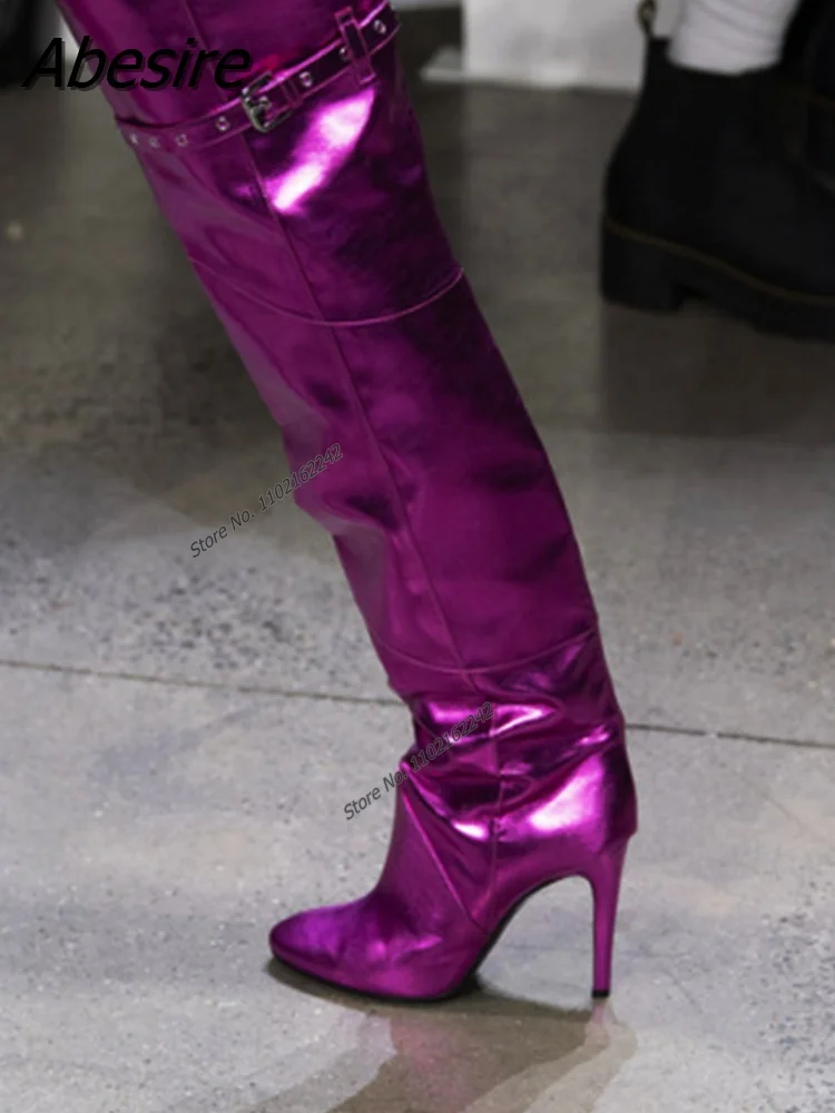 Ladies Over Knee Boots Pointed Toe Stiletto Shiny Tall Boots Buckle Strap Decorative Side Zipper Boots Plus Size Women'S Shoes