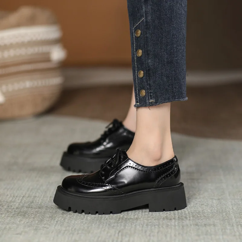Женские туфли-оксфорды Осенняя обувь на платформе с круглым носком повседневные
