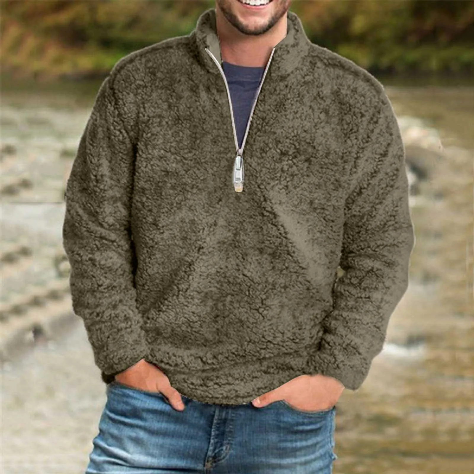 

Men'S Fleece Sweatshirt Warm Standing Collar Half Zipper Hoodless Male Autumn And Winter Solid Color Plush Sweater Male Clothing