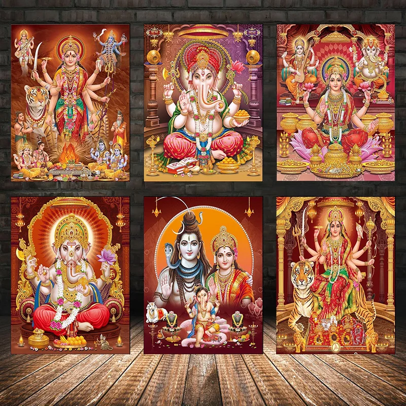 Постер из индуия, золотой Ганеша, храм, слон, Бог, живопись, индийская религия, печать, художественный холст, постер для гостиной, Декор, домашняя настенная мебель