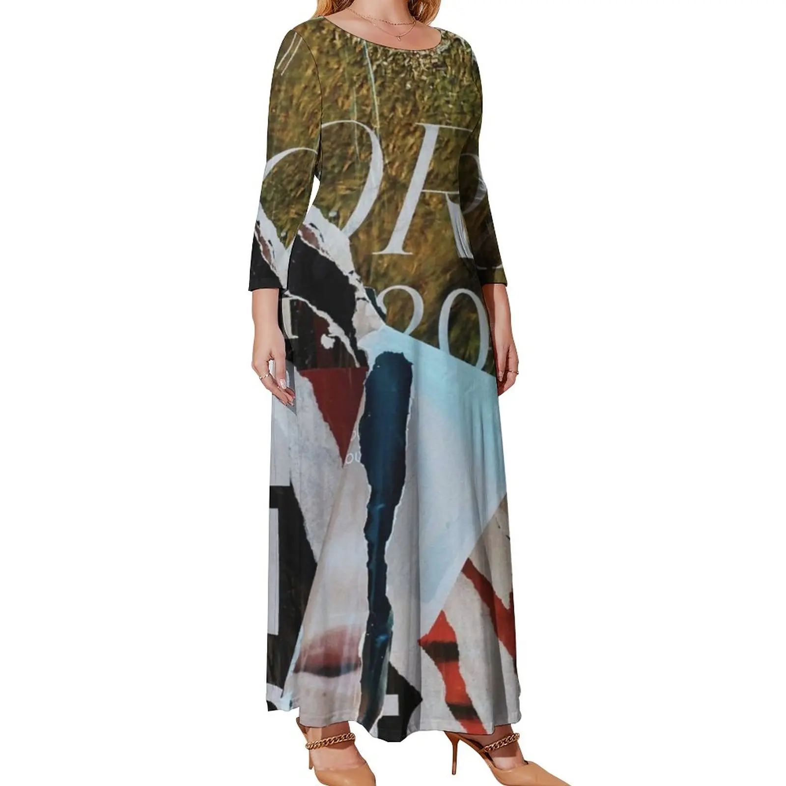 

Vintage Newspaper Dress Collage Paper Cuttings Aesthetic Beach Dresses Long Sleeve Elegant Maxi Dress Autumn Plus Size Clothes