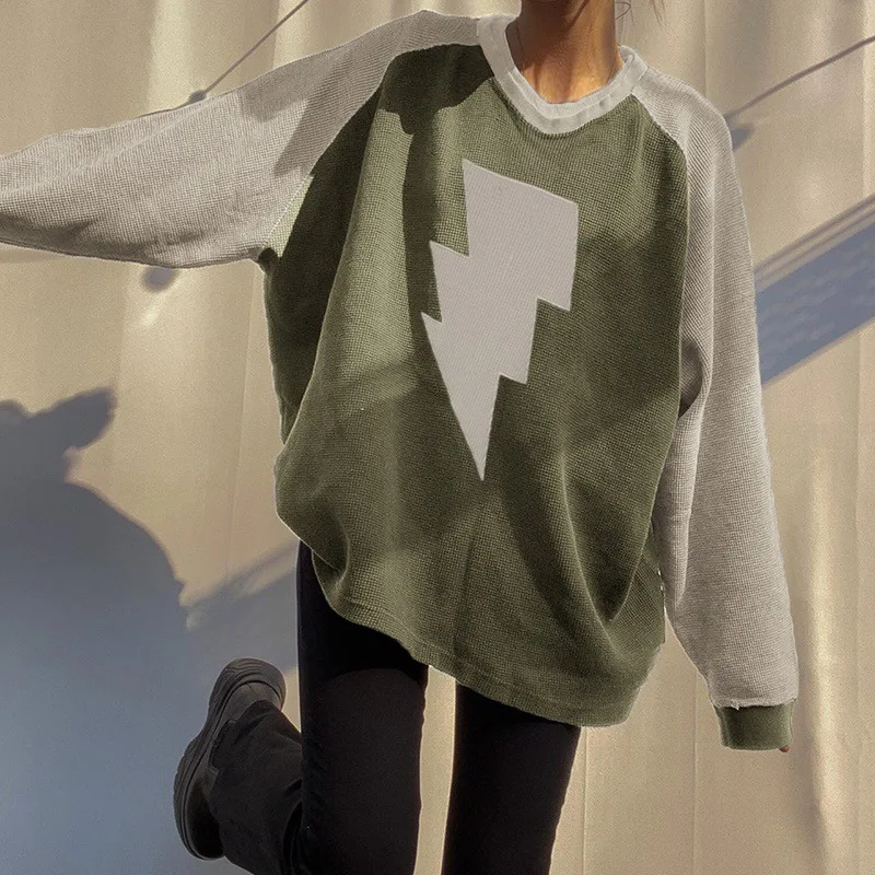 

Lightning Pattern Oversized Sweatshirt Y2k Clothes Women Streetwear Pullover Tops Green Sweatshirts Autumn Casual Loose Clothes